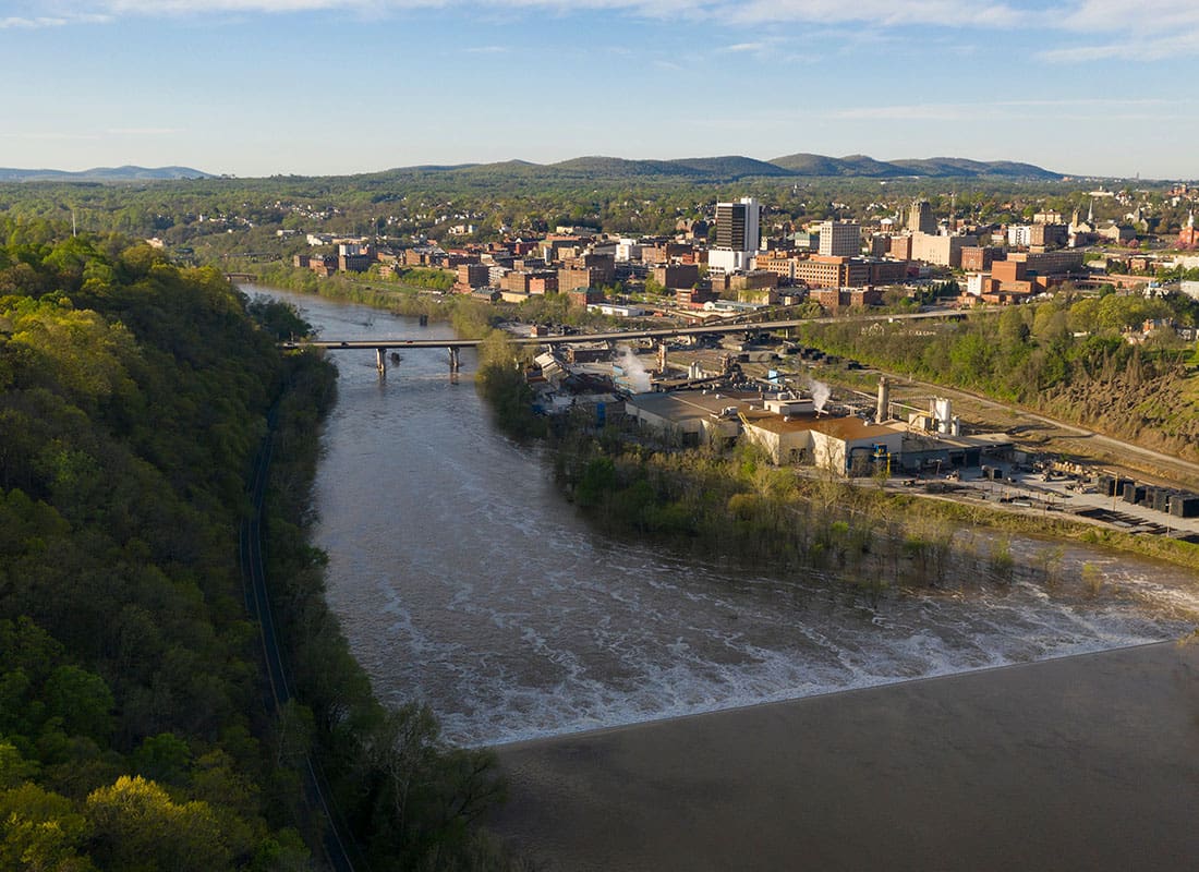 Lynchburg, VA - Aerial View of the Historic Town of Lynchburg Virginia by the River on a Sunny Day