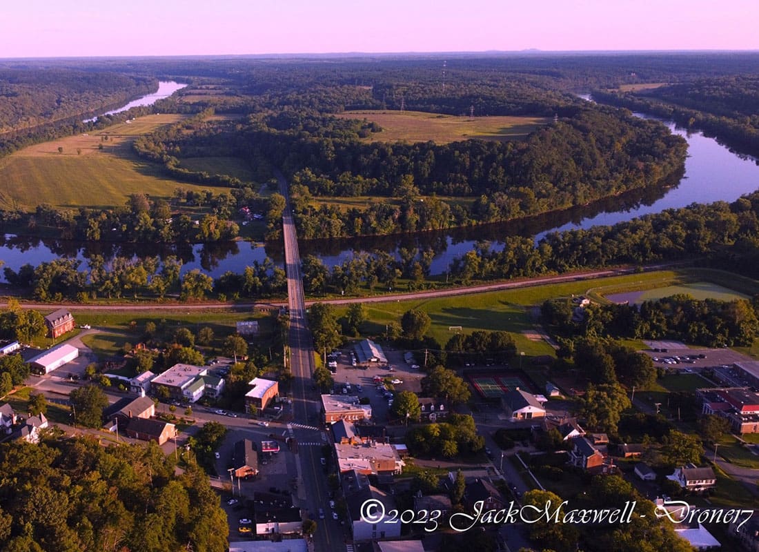 Scottsville, VA - Aerial View of the James River Bend Surrounded by Homes and Buildings in Scottsville Virginia